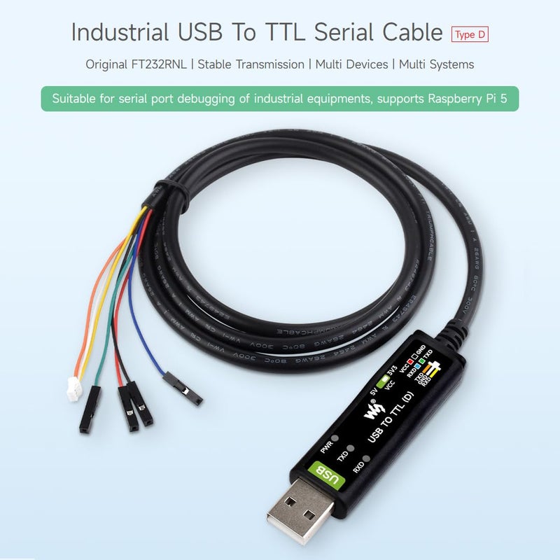 Waveshare Industrial USB to TTL (D) Serial Cable, Compatible with Raspberry Pi 5, Original FT232RNL Chip, Multi Protection Circuits, with Separated 4pin Header + SH1.0 3PIN Connector - Image 3